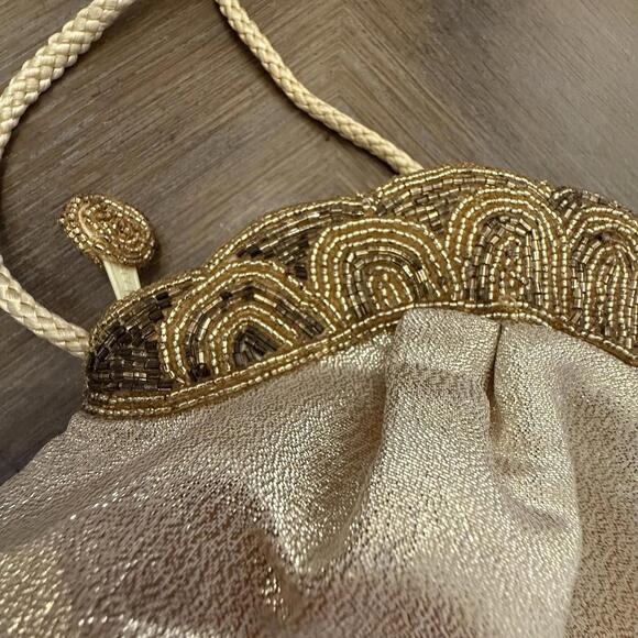 Magid Vintage Evening Bag Metallic Gold Exterior Beaded Cord Strap - Picture 3 of 8